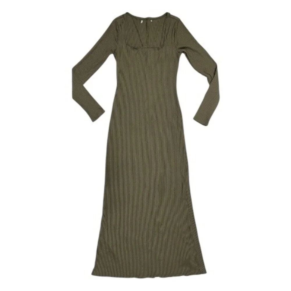 Abercrombie & Fitch Ribbed Square Neck Maxi Dress Olive Green Long Sleeve